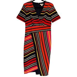 Cato Fully Lined Multicolor Dress with Multidirectional Stripes V-Neck Size 10